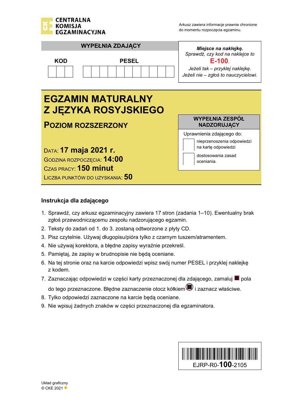 arkusz - język rosyjski rozszerzony - matura 2021 - maj-01