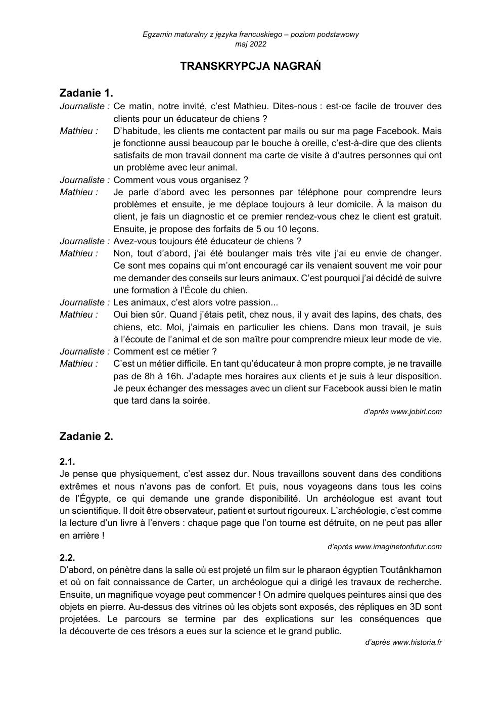 transkrypcja - język francuski podstawowy - matura 2022 - maj-1