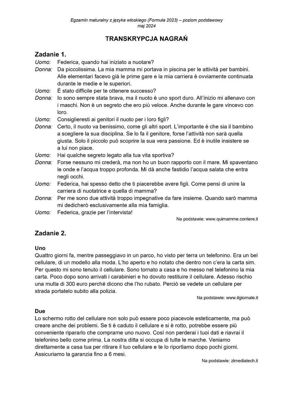 transkrypcja - włoski podstawowy - matura 2024 - maj - 0001