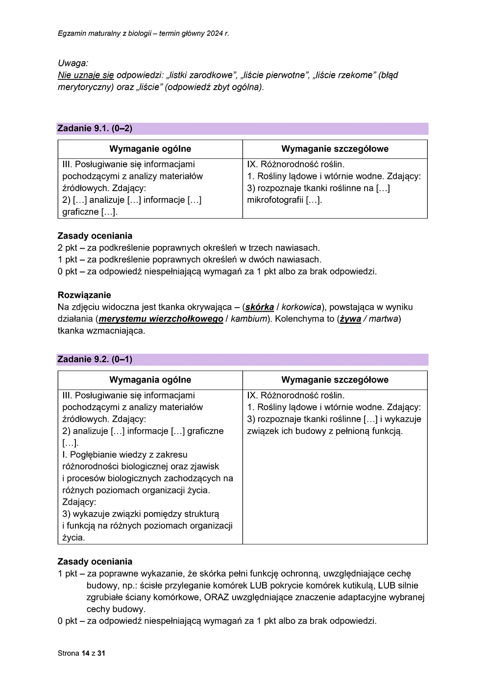 odpowiedzi - biologia - matura 2024 - maj - 0014