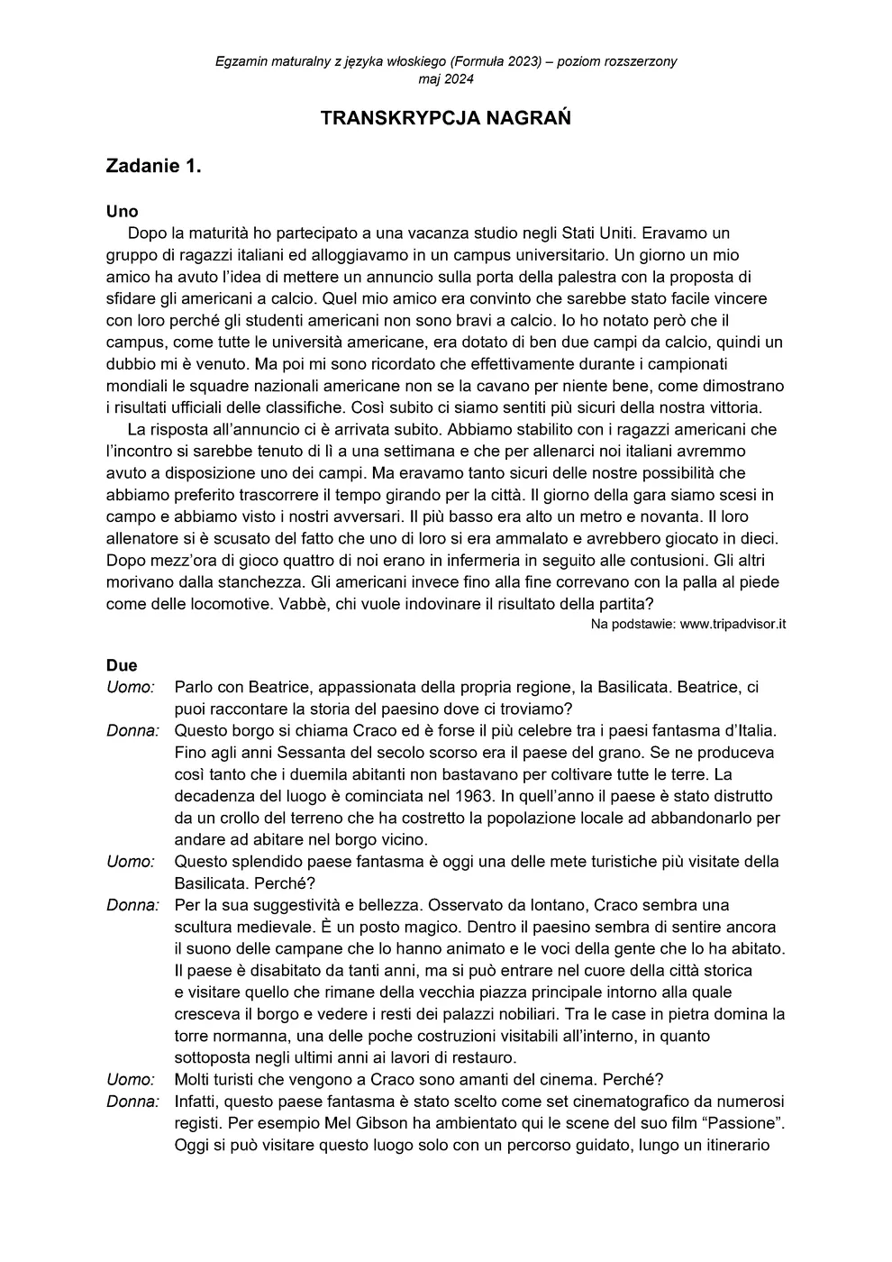 transkrypcja - włoski rozszerzony - matura 2024 - maj - 0001