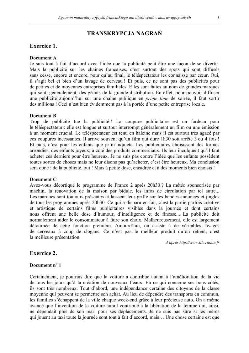 Transkrypcja - język francuski dla absolwentów klas dwujęzycznych - matura 2013-strona-01